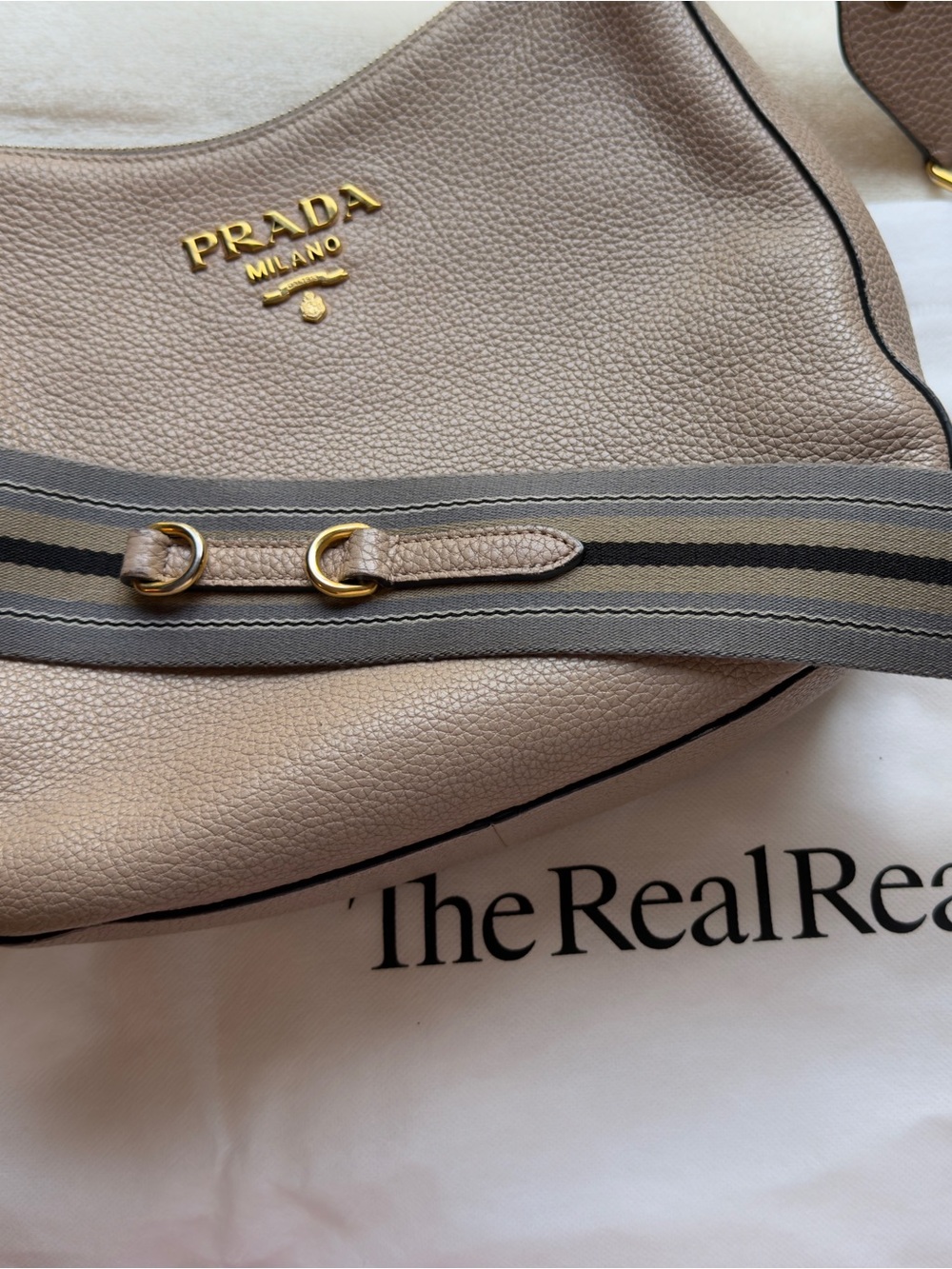 Prada Pebbled Leather Shoulder Bag in Taupe with Gold Hardware